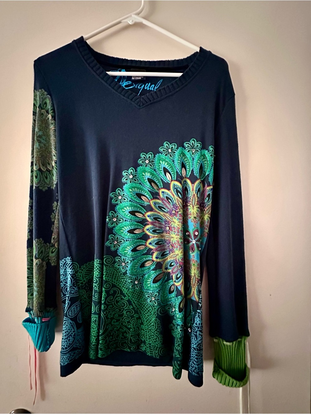 NWT Desigual Peacock Mandala Long Sleeve Top Blue